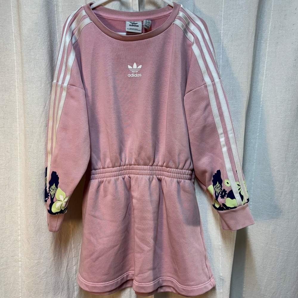 adidas Pink Girls' Casual Sweatshirt Dress with Floral Accents